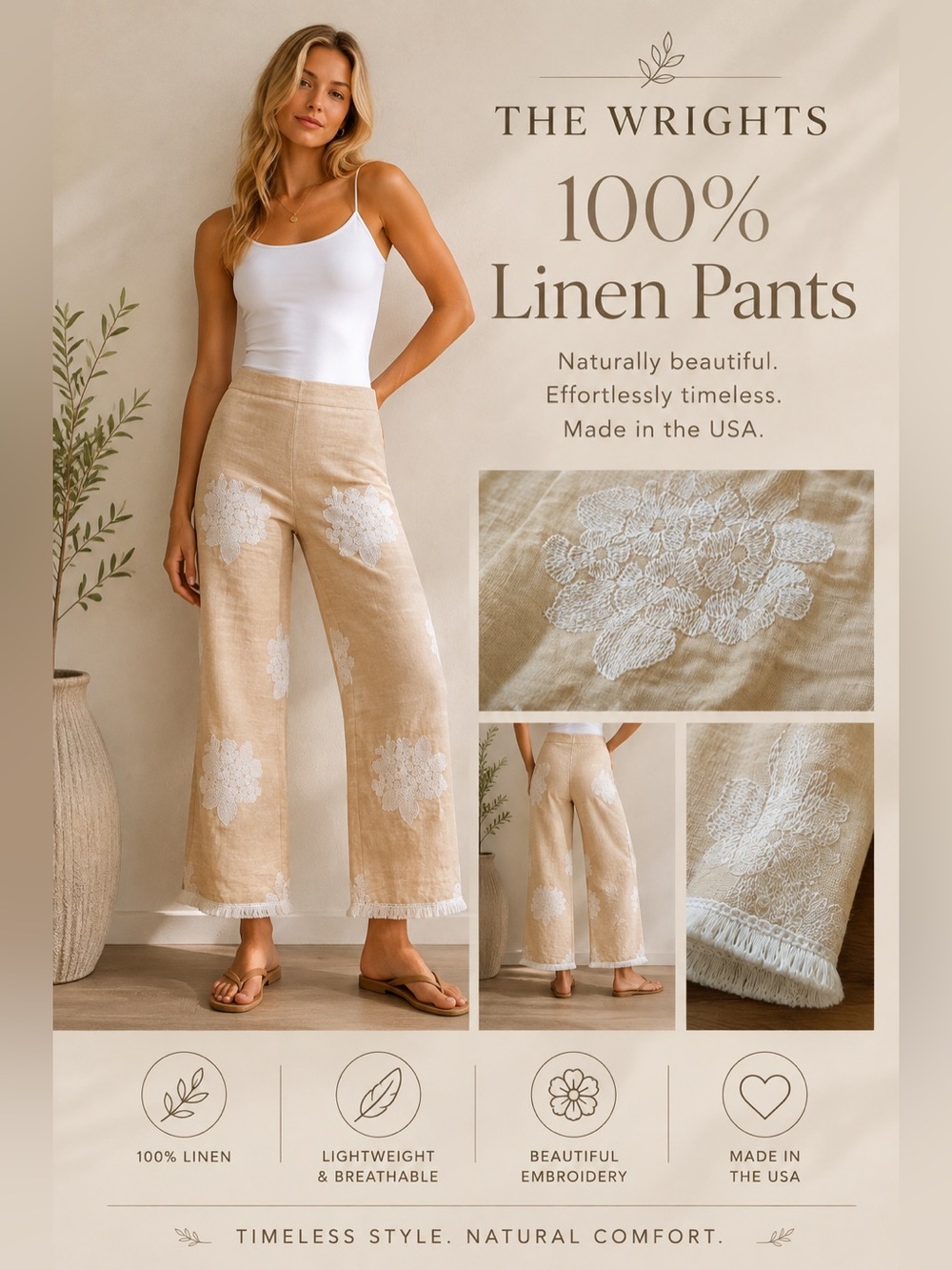 The Wrights 100% Linen Wide-Leg White Embroidery Fringe Hem Pants